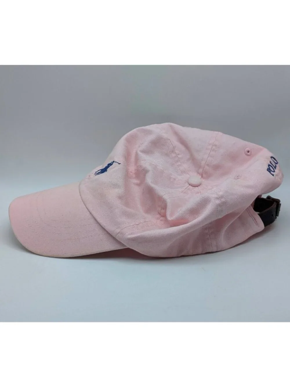 Vintage POLO Ralph Lauren Light Pink Hat Leather Strap Adjustable Blue Pony Y2K